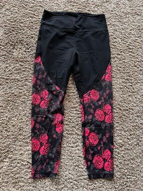 ZYIA Black Leggings with Pink Floral Panels with pockets